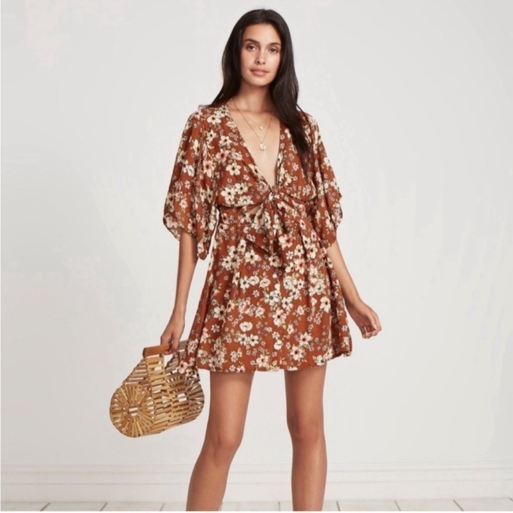 Faithfull The Brand Vinci Mini Dress Brown Floral Tie Front Size 6 - Picture 9 of 9